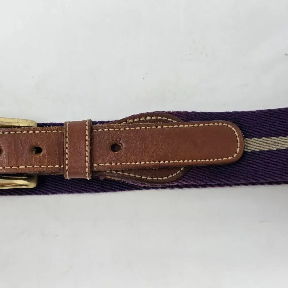 VINTAGE DOONEY & BOURKE BROWN LEATHER PURPLE STRIPE WOOL WOMENS BELT 34 1.25